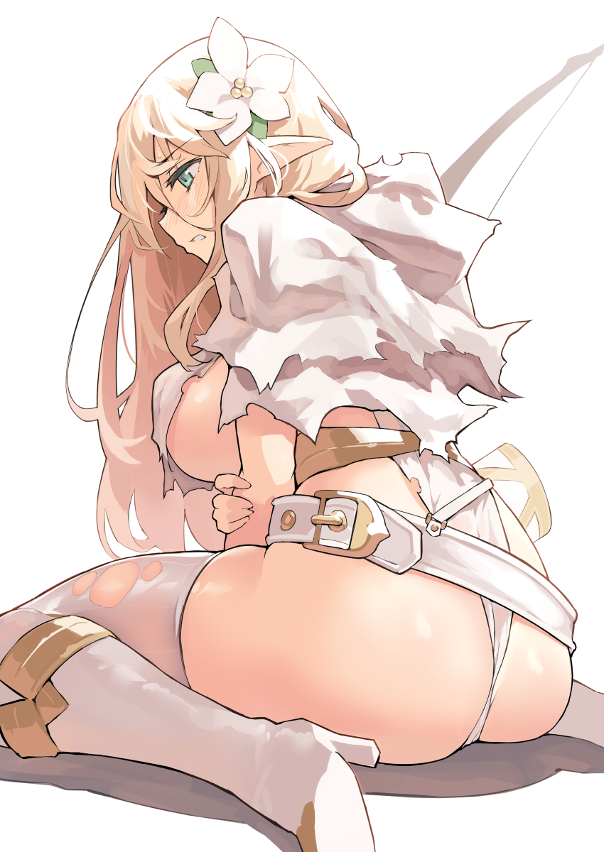 1girl ass bangs belt blonde_hair blue_eyes blush boots bow_(weapon) breasts capelet elf flower hair_flower hair_ornament highres kekemotsu knee_boots large_breasts leotard long_hair original pointy_ears simple_background sitting solo thigh-highs torn_clothes wariza weapon white_capelet white_footwear white_legwear white_leotard