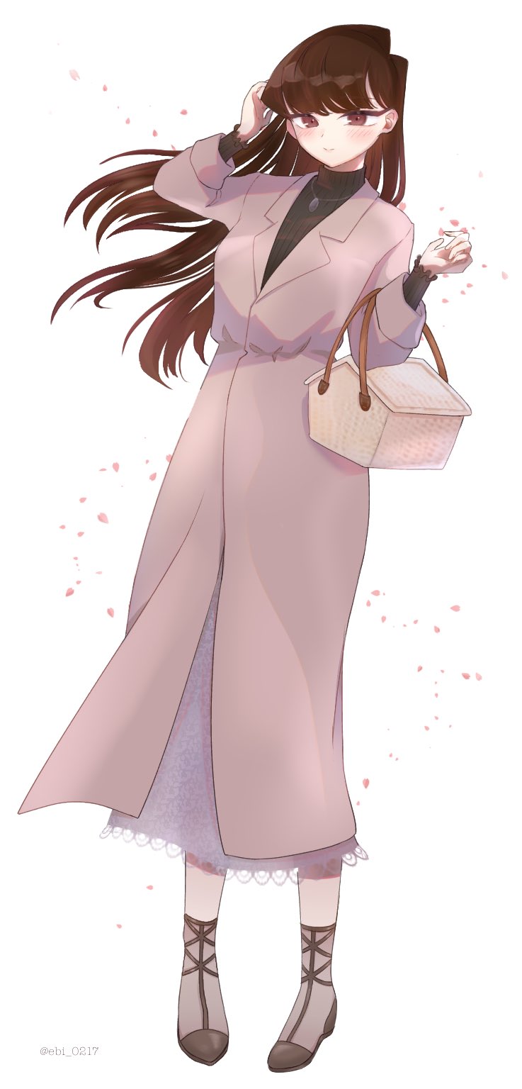 1girl blush brown_eyes brown_hair coat commentary ebi_0217 full_body hand_up highres jewelry komi-san_wa_komyushou_desu komi_shouko long_coat long_hair long_sleeves looking_at_viewer pendant petals simple_background smile solo twitter_username white_background wind