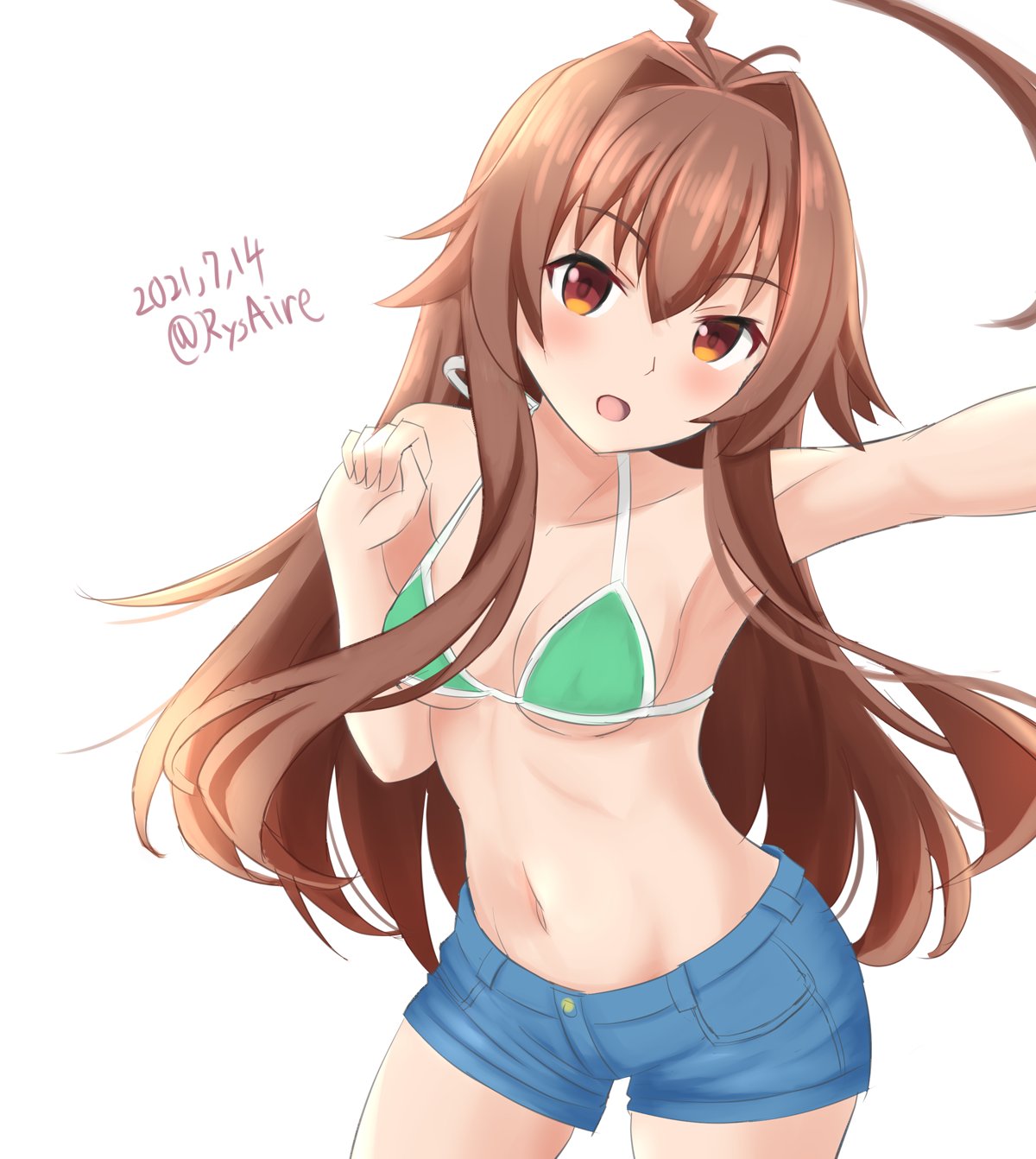 1girl ahoge ame-san bikini bikini_top blue_shorts breasts brown_eyes brown_hair collarbone commentary_request cowboy_shot dated denim denim_shorts green_bikini highres huge_ahoge kantai_collection kuma_(kancolle) long_hair looking_at_viewer medium_breasts navel shorts simple_background solo standing swimsuit twitter_username white_background