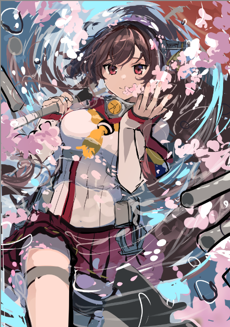 1girl armband brown_hair cherry_blossoms cowboy_shot dress flower hair_flower hair_ornament headgear kantai_collection long_hair looking_at_viewer partially_submerged pleated_dress pole ponytail red_skirt skirt solo water work_in_progress yamato_(kancolle) yunamaro z_flag