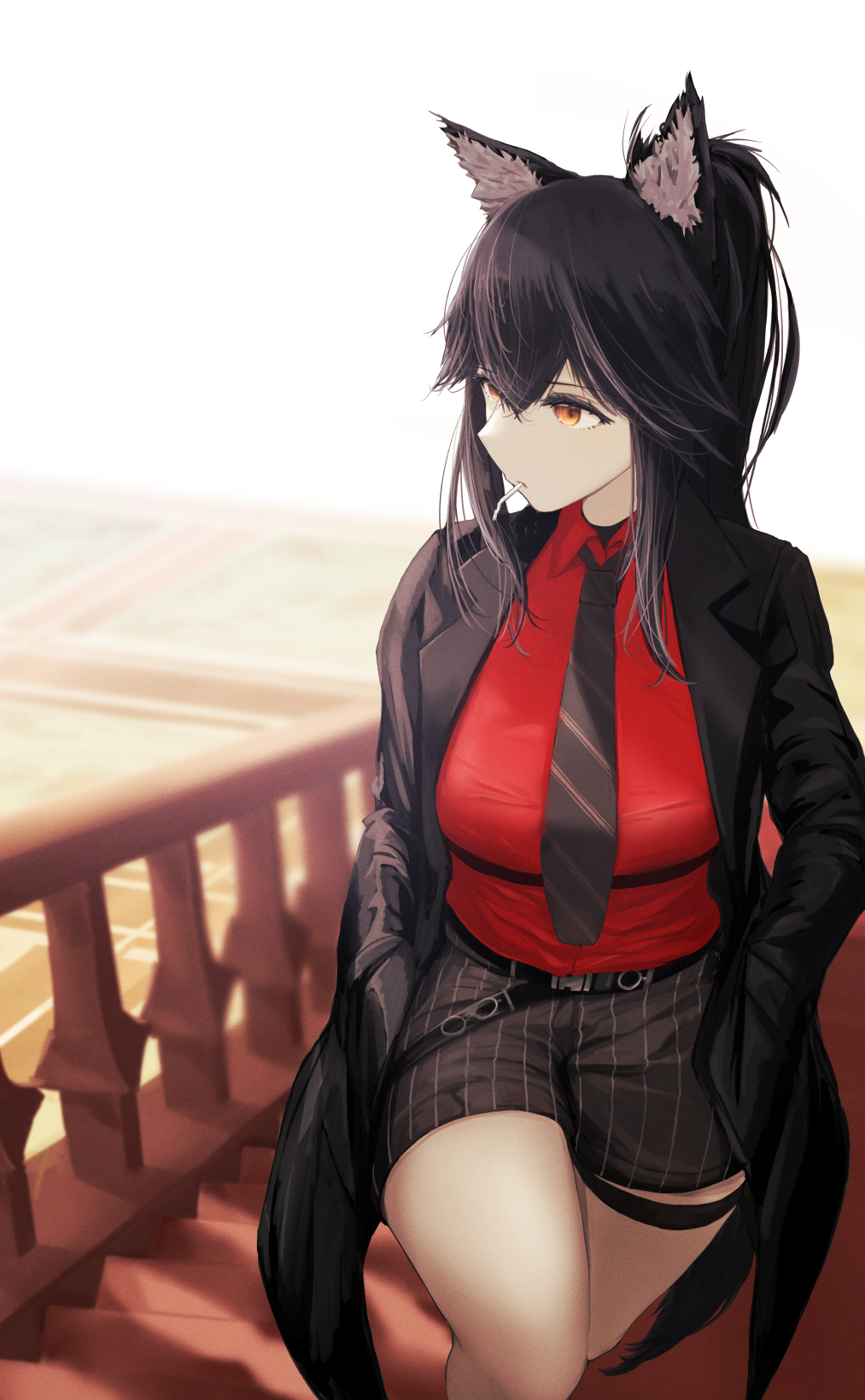 1girl animal_ears arknights belt black_belt black_hair black_neckwear black_shorts brown_eyes cigarette collared_shirt commentary cowboy_shot gloves hands_in_pockets highres jacket long_hair looking_away looking_to_the_side makino mouth_hold necktie official_alternate_costume ponytail red_eyes red_gloves red_shirt shirt shorts simple_background solo stairs standing striped texas_(arknights) vertical-striped_shorts vertical_stripes wolf_ears
