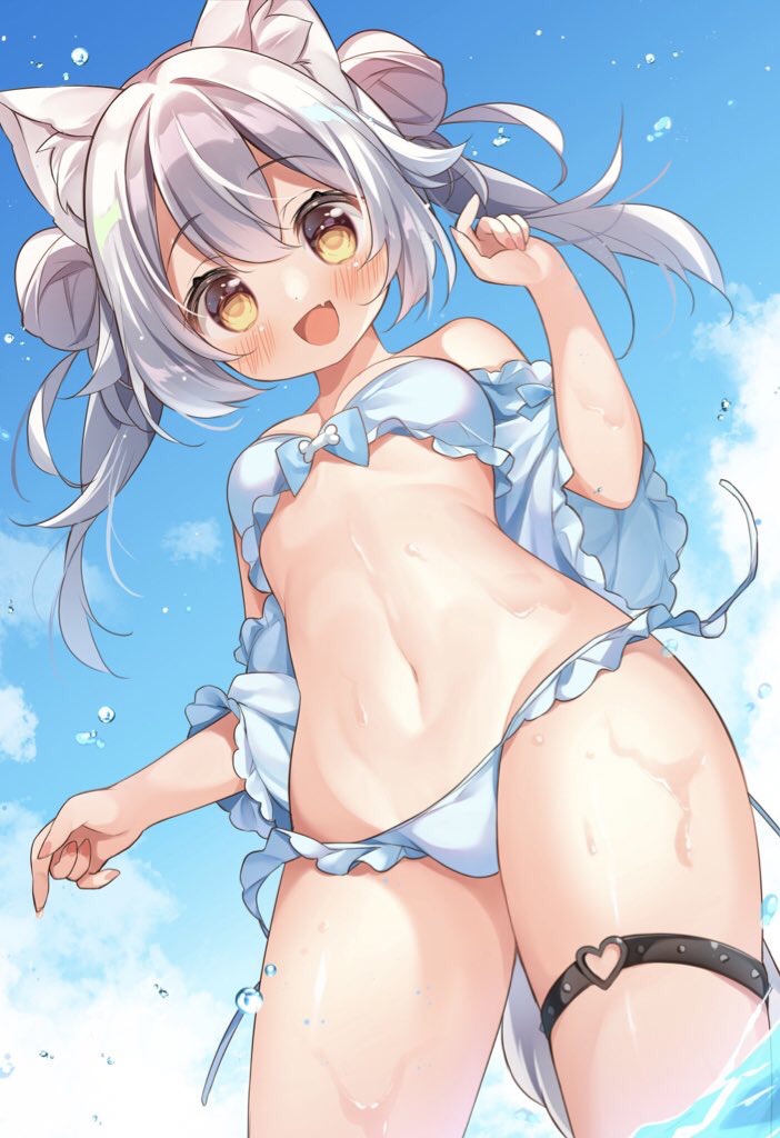 1girl animal_ear_fluff animal_ears bikini blue_sky breasts day dog_ears dog_girl dog_tail double_bun fang frilled_bikini frills gau_(n00_shi) heart long_hair looking_at_viewer navel open_mouth original outdoors silver_hair skin_fang sky small_breasts smile solo stomach summer swimsuit tail thigh_strap wading wet white_bikini yellow_eyes