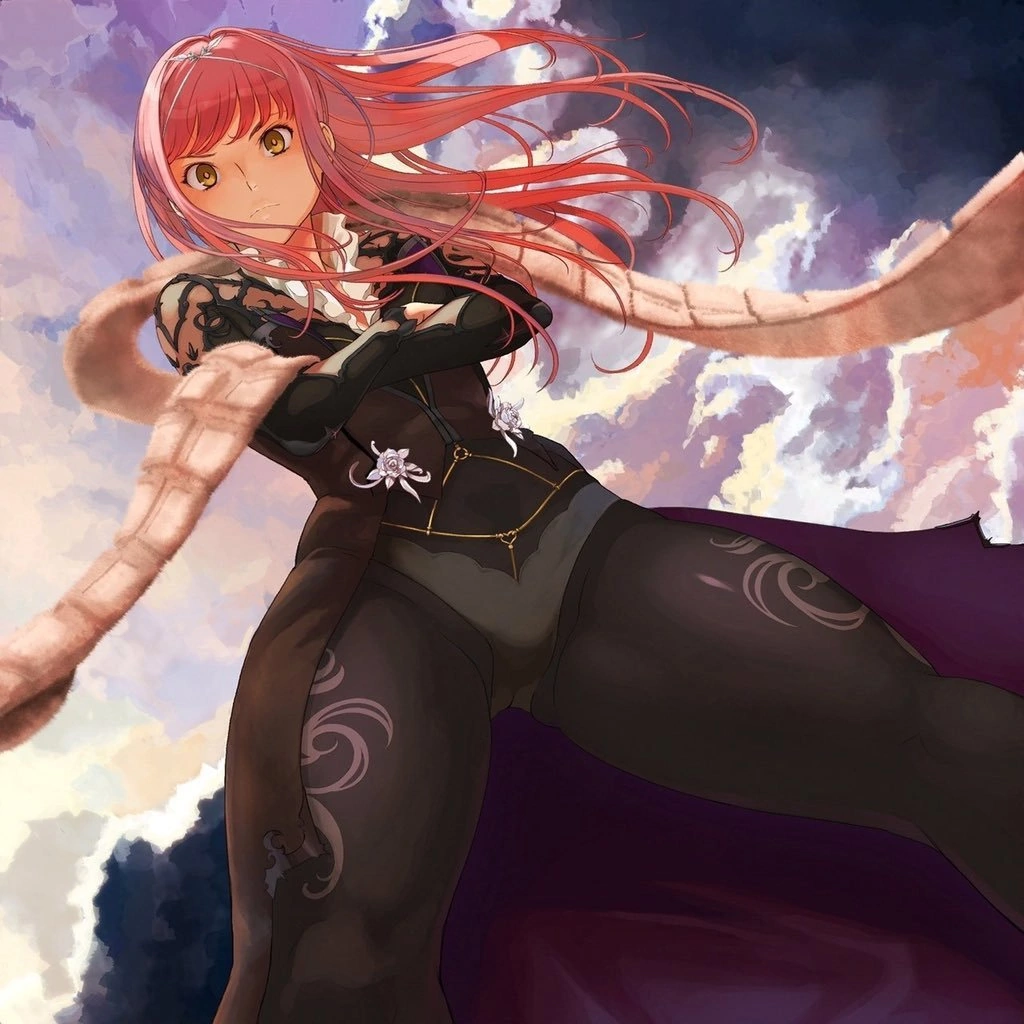 1girl ass_visible_through_thighs black_bodysuit black_panties bodysuit closed_mouth clouds crossed_arms fate/grand_order fate_(series) flower_ornament from_below glaring knocknarea_(fate) legs_apart long_hair looking_at_viewer official_art panties pink_hair scarf sky solo standing takayama_kisai thighs underwear yellow_eyes