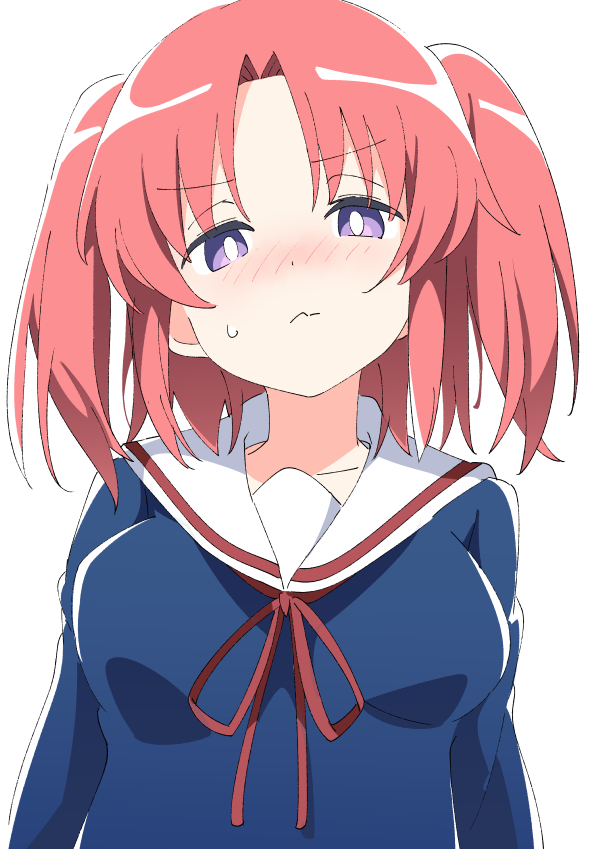 1girl blush breasts closed_mouth eyebrows_visible_through_hair ixy large_breasts long_sleeves looking_at_viewer mikakunin_de_shinkoukei red_neckwear red_ribbon redhead ribbon sailor_collar school_uniform short_hair simple_background solo twintails violet_eyes white_background white_sailor_collar yonomori_kobeni