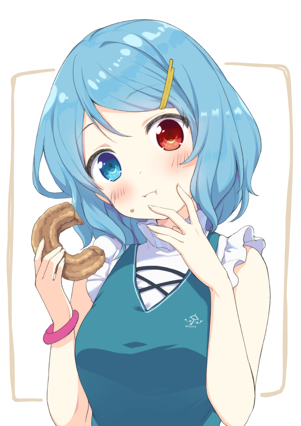 1girl :i adapted_costume blue_dress blue_eyes blue_hair blush bracelet breasts closed_mouth commentary_request doughnut dress eating eyebrows_visible_through_hair food food_on_face hair_ornament hairclip hands_up head_tilt heterochromia highres holding holding_food jewelry looking_at_viewer medium_breasts nnyara red_eyes short_hair sleeveless sleeveless_dress solo tatara_kogasa touhou upper_body