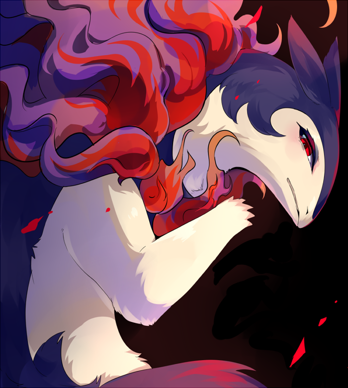 black_background commentary_request eyelashes from_side hisuian_typhlosion lassie looking_at_viewer looking_to_the_side no_humans parted_lips pokemon pokemon_(creature) red_eyes solo yellow_fur