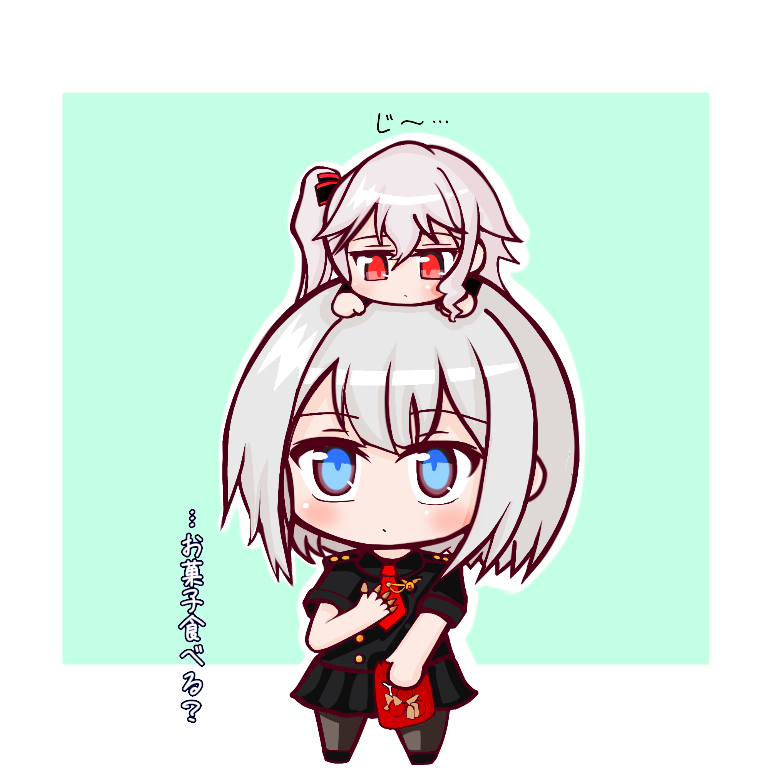 2girls admiral_graf_spee_(azur_lane) azur_lane blue_eyes blush chibi chibi_on_head commentary_request costume_request eyebrows_visible_through_hair high_school_fleet looking_at_another multiple_girls on_head red_eyes risemaru_(rise2032) short_hair side_ponytail silver_hair thea_kreutzer trait_connection translation_request