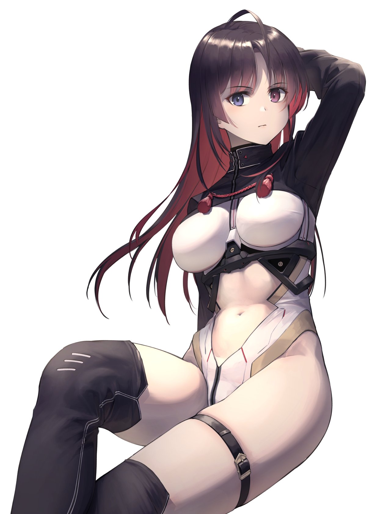 1girl ahoge arm_behind_head bangs black_hair black_legwear blue_eyes breasts clothing_cutout heterochromia highleg highleg_leotard highres itaco large_breasts leotard long_hair long_sleeves looking_at_viewer multicolored_hair navel navel_cutout original redhead shrug_(clothing) sitting solo thigh-highs thighs two-tone_hair violet_eyes white_leotard