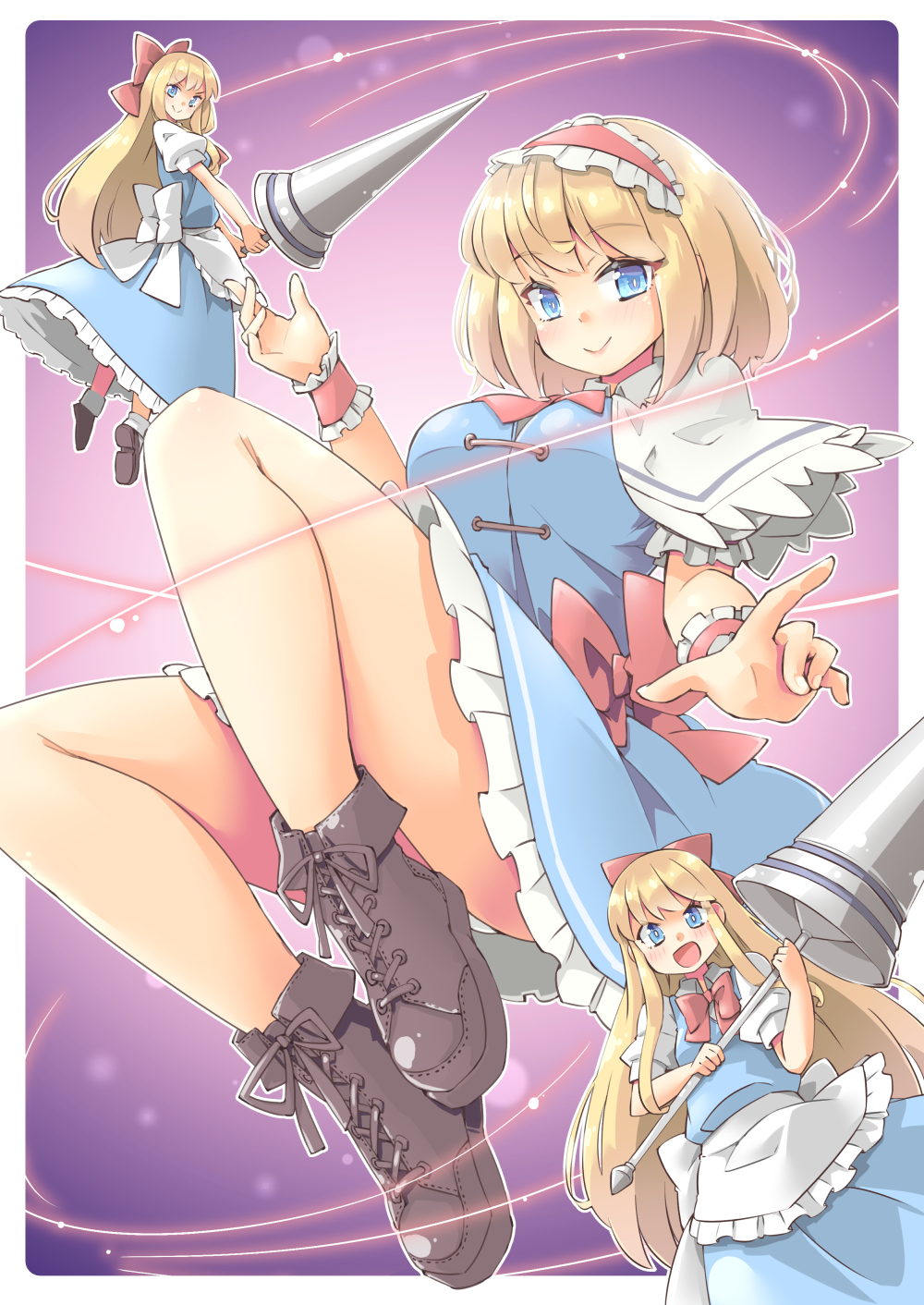 alice_margatroid arnest ascot blonde_hair blue_bow blue_dress blue_eyes bow capelet doll dress frilled_ascot frills hair_bow hairband highres lance lolita_hairband multiple_girls polearm puffy_short_sleeves puffy_sleeves red_hairband shanghai_doll short_hair short_sleeves touhou weapon