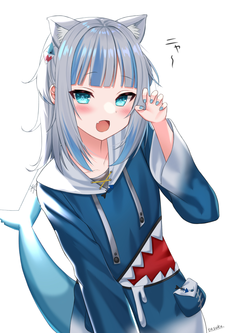 1girl :o animal_ears animal_hood bangs blue_eyes blue_hair blue_hoodie blue_nails blunt_bangs blush cat_ears collarbone eyebrows_visible_through_hair fang fish_tail gawr_gura hair_ornament hololive hololive_english hood hood_down hoodie looking_at_viewer medium_hair multicolored_hair nail_polish open_mouth paw_pose shark_girl shark_hair_ornament shark_hood shark_tail signature silver_hair simple_background skin_fang solo streaked_hair tail tasuku_(user_fkzv3343) upper_body virtual_youtuber white_background