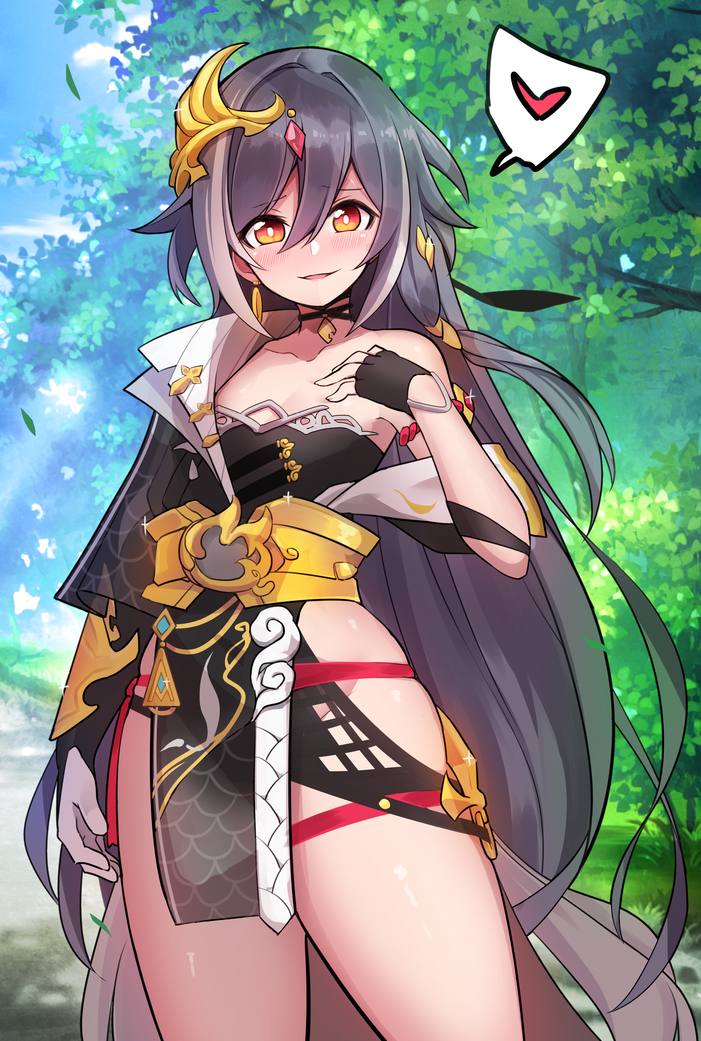 1girl :d asymmetrical_gloves asymmetrical_sleeves bangs black_gloves breasts chinese_clothes choker ditienan_ddn fingerless_gloves fu_hua fu_hua_(herrscher_of_sentience) gloves grey_hair hair_between_eyes hair_ornament hand_on_own_chest heart honkai_(series) honkai_impact_3rd leaf long_hair looking_at_viewer mismatched_gloves multicolored_hair open_mouth outdoors red_eyes small_breasts smile solo speech_bubble streaked_hair thighs tree uneven_sleeves white_gloves