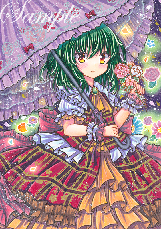 1girl bangs blush bow brown_dress closed_mouth collar dress eyebrows_visible_through_hair floral_background flower gem green_hair hair_between_eyes hands_up heart holding holding_umbrella jewelry kazami_yuuka leaf looking_at_viewer marker_(medium) multicolored multicolored_clothes multicolored_dress no_hat no_headwear orange_dress pink_flower pink_rose plaid plaid_dress puffy_short_sleeves puffy_sleeves red_bow red_dress rose rui_(sugar3) short_sleeves smile solo touhou traditional_media umbrella white_collar white_flower white_sleeves wrist_cuffs yellow_eyes yellow_neckwear