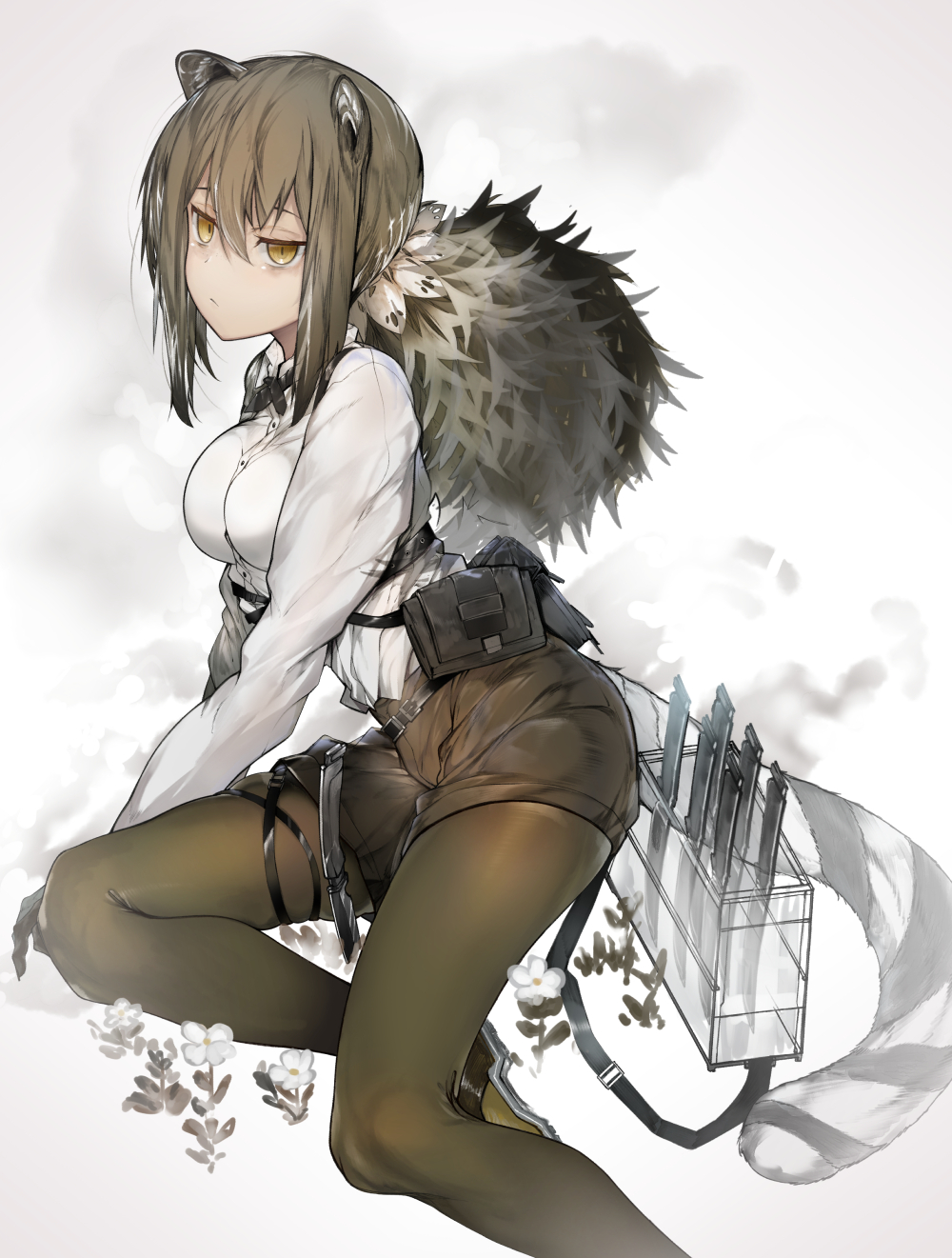 1girl animal_ears animal_hands arknights breasts brown_eyes brown_hair ekuesu flower hair_between_eyes highres knife legwear_under_shorts long_hair low_ponytail pantyhose raccoon_ears raccoon_girl raccoon_tail robin_(arknights) shorts tail thigh_strap