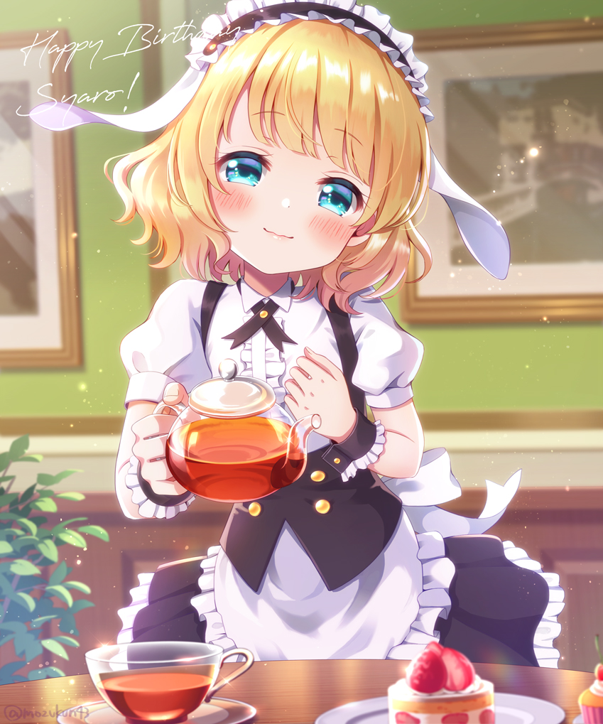 1girl bangs blonde_hair blue_eyes blunt_bangs blush cake center_frills character_name commentary cup eyebrows_visible_through_hair fleur_de_lapin_uniform food frilled_hairband frills fruit gochuumon_wa_usagi_desu_ka? hairband hand_on_own_chest happy_birthday head_tilt holding holding_teapot indoors kirima_sharo looking_at_viewer mozukun43 plate puffy_short_sleeves puffy_sleeves short_hair short_sleeves smile solo strawberry strawberry_shortcake teacup teapot twitter_username waitress wrist_cuffs