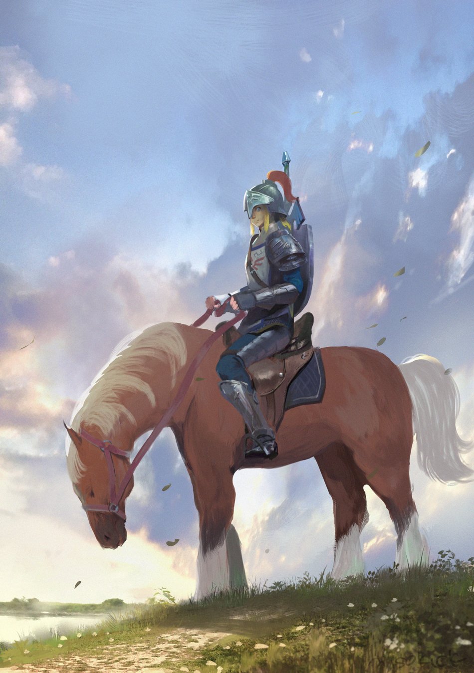 1boy androgynous armor blonde_hair blue_eyes blue_pants blue_sky boots clouds cloudy_sky from_side gauntlets grass helmet highres horseback_riding knight link looking_at_viewer male_focus metal_boots miso_katsu outdoors pants pauldrons plume ponytail riding shoulder_armor sky smile tabard the_legend_of_zelda