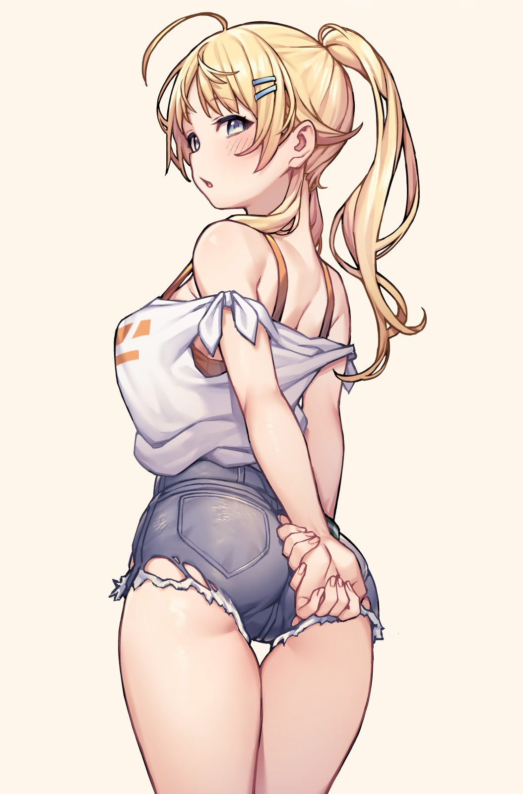 1girl alternate_hairstyle ass bangs blonde_hair blue_eyes blush breasts commentary_request cowboy_shot from_behind hachimiya_meguru hair_ornament highres idolmaster idolmaster_shiny_colors jp06 long_hair looking_at_viewer medium_breasts ponytail shirt shorts simple_background solo