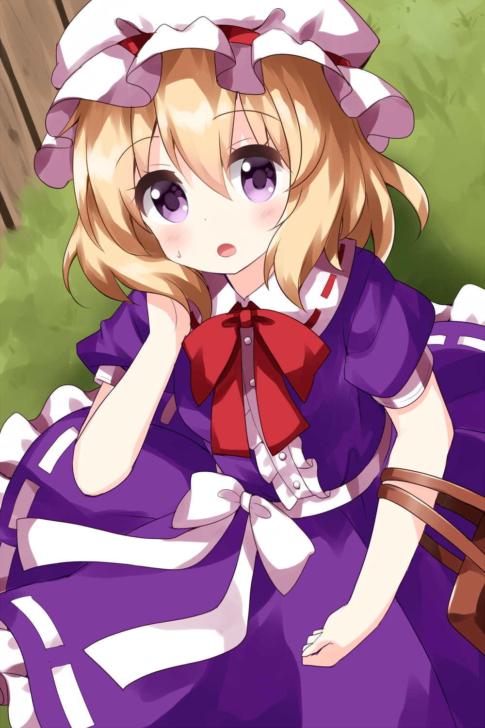 1girl bag bangs blonde_hair blush bow brown_bag buttons collar dress eyebrows_visible_through_hair eyes_visible_through_hair frills grass hair_between_eyes hand_up hat highres looking_at_viewer maribel_hearn on_ground open_mouth puffy_short_sleeves puffy_sleeves purple_dress purple_sleeves red_bow red_neckwear ruu_(tksymkw) short_hair short_sleeves sitting solo touhou violet_eyes white_bow white_collar white_headwear