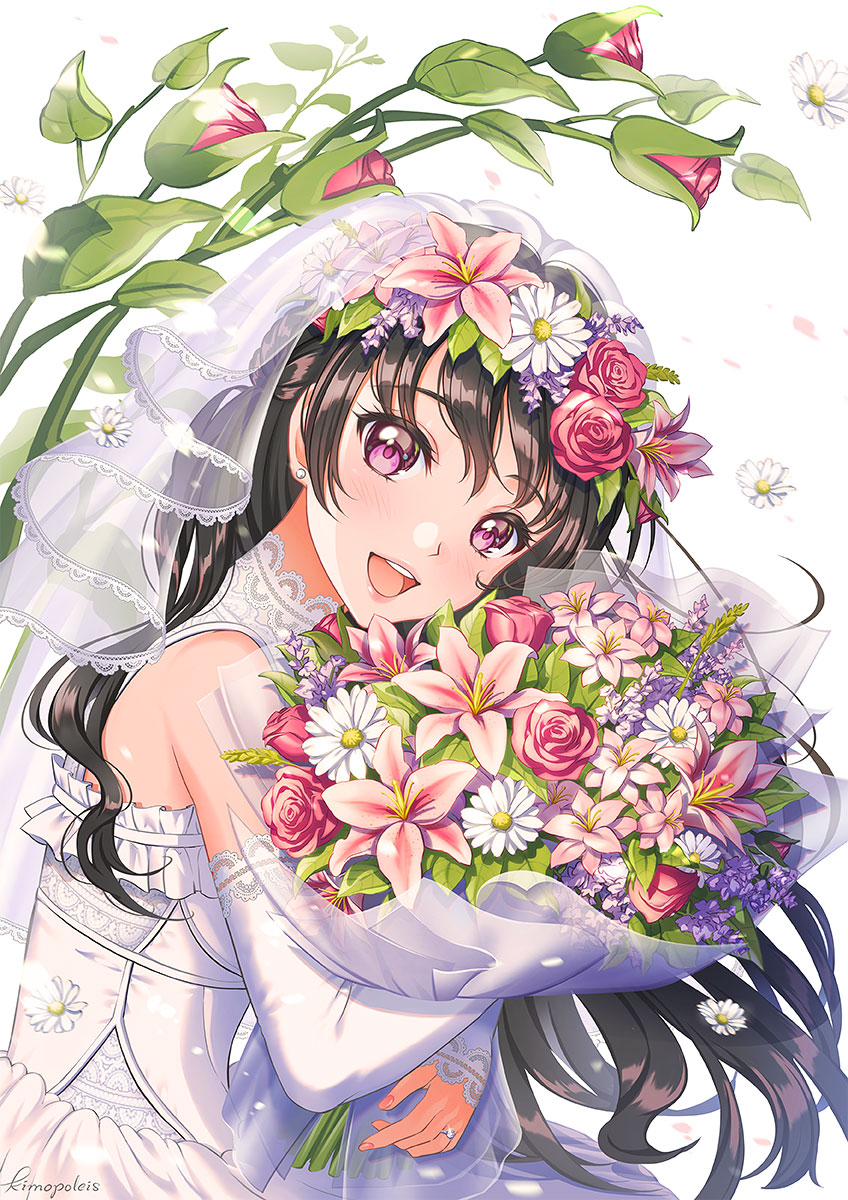 1girl :d artist_name black_hair blurry blurry_background blush bouquet bride daisy detached_sleeves diamond_(gemstone) dress earrings fingernails flower from_side glint happy head_tilt head_wreath highres holding holding_bouquet jewelry kimopoleis medium_hair object_hug open_mouth orchid original pink_flower pink_rose purple_hair ring rose smile solo stud_earrings upper_body upper_teeth wedding_dress wedding_ring white_background