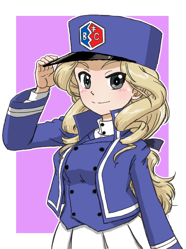 1girl adjusting_clothes adjusting_headwear bangs bc_freedom_(emblem) bc_freedom_military_uniform black_eyes black_ribbon blonde_hair blue_headwear blue_jacket blue_vest border closed_mouth commentary_request dress_shirt drill_hair emblem girls_und_panzer hair_ribbon hat high_collar jacket kepi long_hair long_sleeves looking_at_viewer low-tied_long_hair military military_hat military_uniform outline outside_border pleated_skirt purple_background ribbon shirt skirt smile sofue_(girls_und_panzer) solo standing takahashi_kurage translation_request uniform vest white_border white_outline white_shirt white_skirt