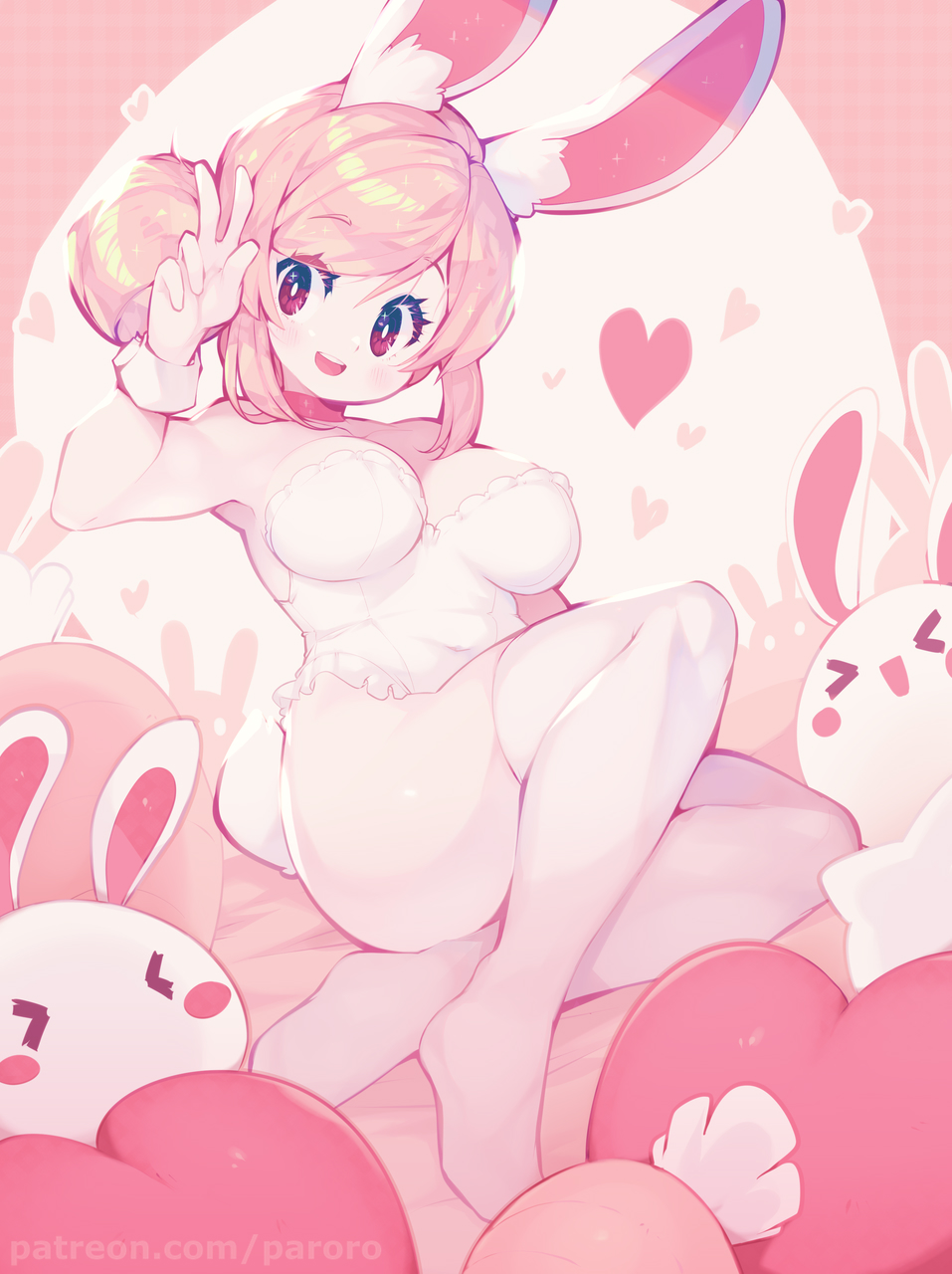 1girl animal_ear_fluff animal_ears breasts bunny_tail fiz_(fizintine) hair_bun highres leotard original parororo patreon_username pink_hair rabbit_ears rabbit_girl solo tail thigh-highs watermark web_address white_tail wrist_cuffs