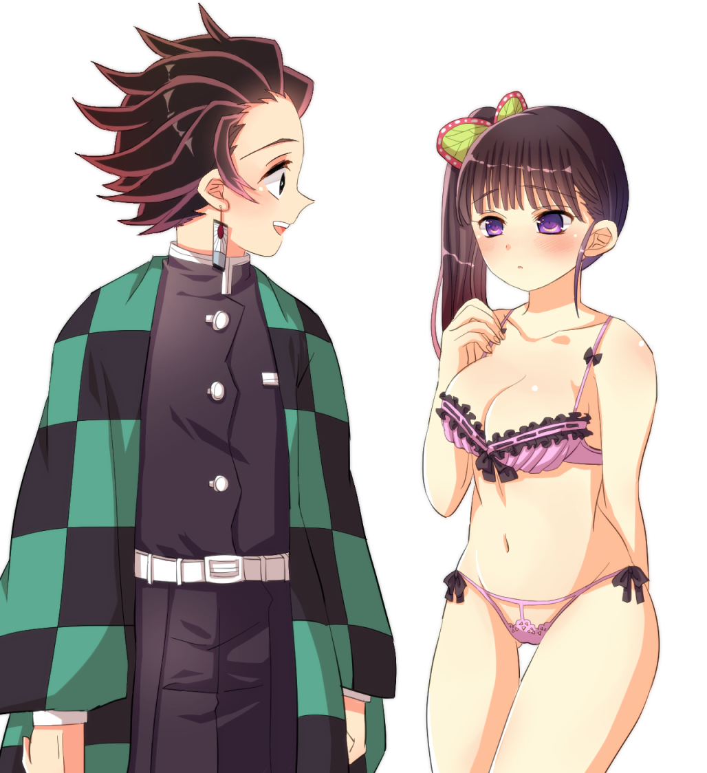 1boy 1girl black_hair blush brown_hair butterfly_hair_ornament checkered closed_mouth couple earrings hair_ornament japanese_clothes jewelry kamado_tanjirou kimetsu_no_yaiba long_sleeves looking_at_viewer open_mouth pleated_skirt scar scar_on_face scar_on_forehead shirokuma_(shiropan777) side_ponytail skirt smile tsuyuri_kanao underwear violet_eyes