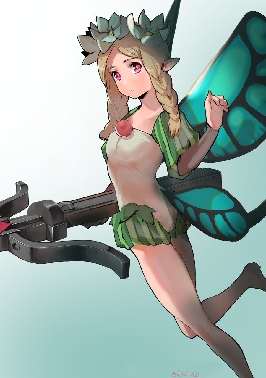 1girl blonde_hair blue_background blush braid dress fairy_wings flower from_side grey_footwear hand_up highres holding_crossbow long_sleeves looking_at_viewer looking_to_the_side mercedes_(odin_sphere) miso_katsu odin_sphere parted_lips pink_eyes pointy_ears shoes short_dress simple_background solo twin_braids white_flower wings