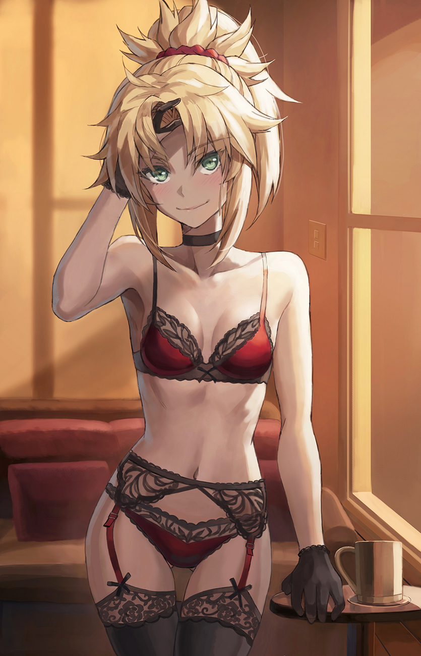 1girl bangs bare_shoulders black_garter_belt black_gloves black_stockings black_thighhighs blonde_eyebrows blonde_hair blush bra breasts closed_mouth collarbone denim eyebrows eyebrows_visible_through_hair fate/apocrypha fate_(series) garter_belt gloves green_eyes hair_ornament hair_scrunchie highres lace-trimmed_bra lace-trimmed_panties lace-trimmed_stockings lace_trim legslegs_apart lingerie long_hair looking_at_viewer mordred_(fate) mordred_(fate)_(all) navel open_eyes panties parted_bangs ponytail red_bra red_garter_straps red_lingerie red_panties red_scrunchie scrunchie sexy sidelocks small_breasts smile solo stockings thighhighs thighs tonee underwear
