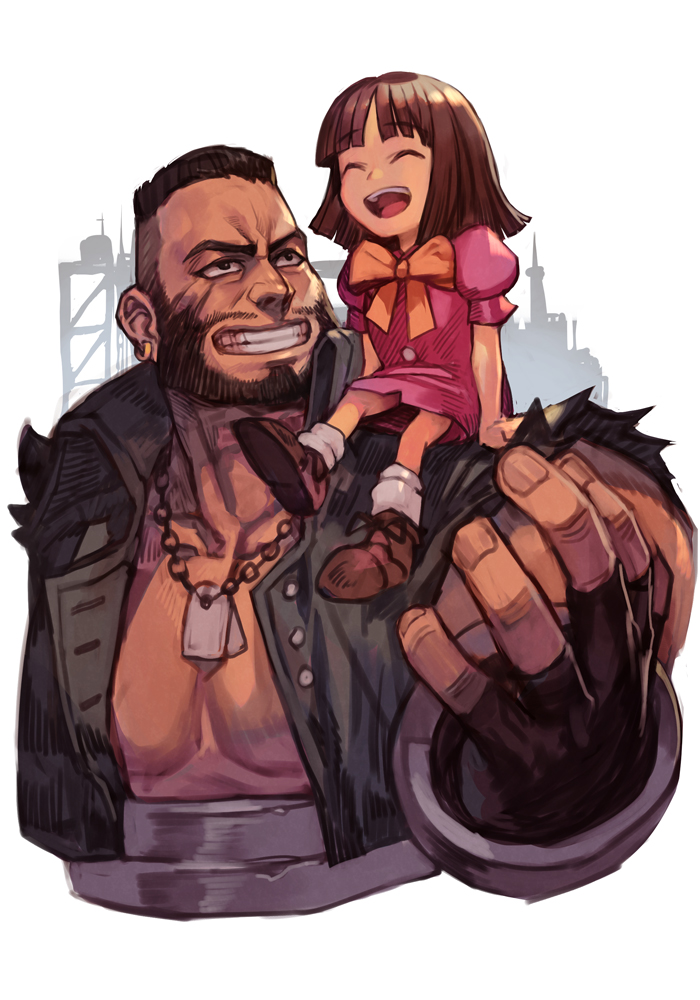 1boy 1girl :d barret_wallace beard child closed_eyes cropped_torso dark-skinned_male dark_skin facial_hair father_and_daughter final_fantasy final_fantasy_vii full_body grin hankuri hankuri marlene_wallace medium_hair open_mouth pectorals shoes sitting_on_shoulder smile white_legwear