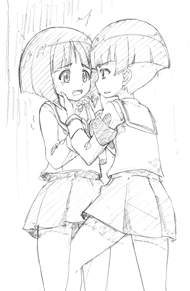 2girls against_wall armband bangs blouse blunt_bangs blunt_ends bob_cut commentary frown girls_und_panzer gotou_moyoko graphite_(medium) greyscale hand_on_another's_face hands_together holding_hands konparu_nozomi kumagapaniti long_sleeves looking_at_another medium_hair miniskirt monochrome multiple_girls neckerchief ooarai_school_uniform open_mouth parted_lips pleated_skirt school_uniform serafuku short_hair skirt standing tearing_up traditional_media trembling