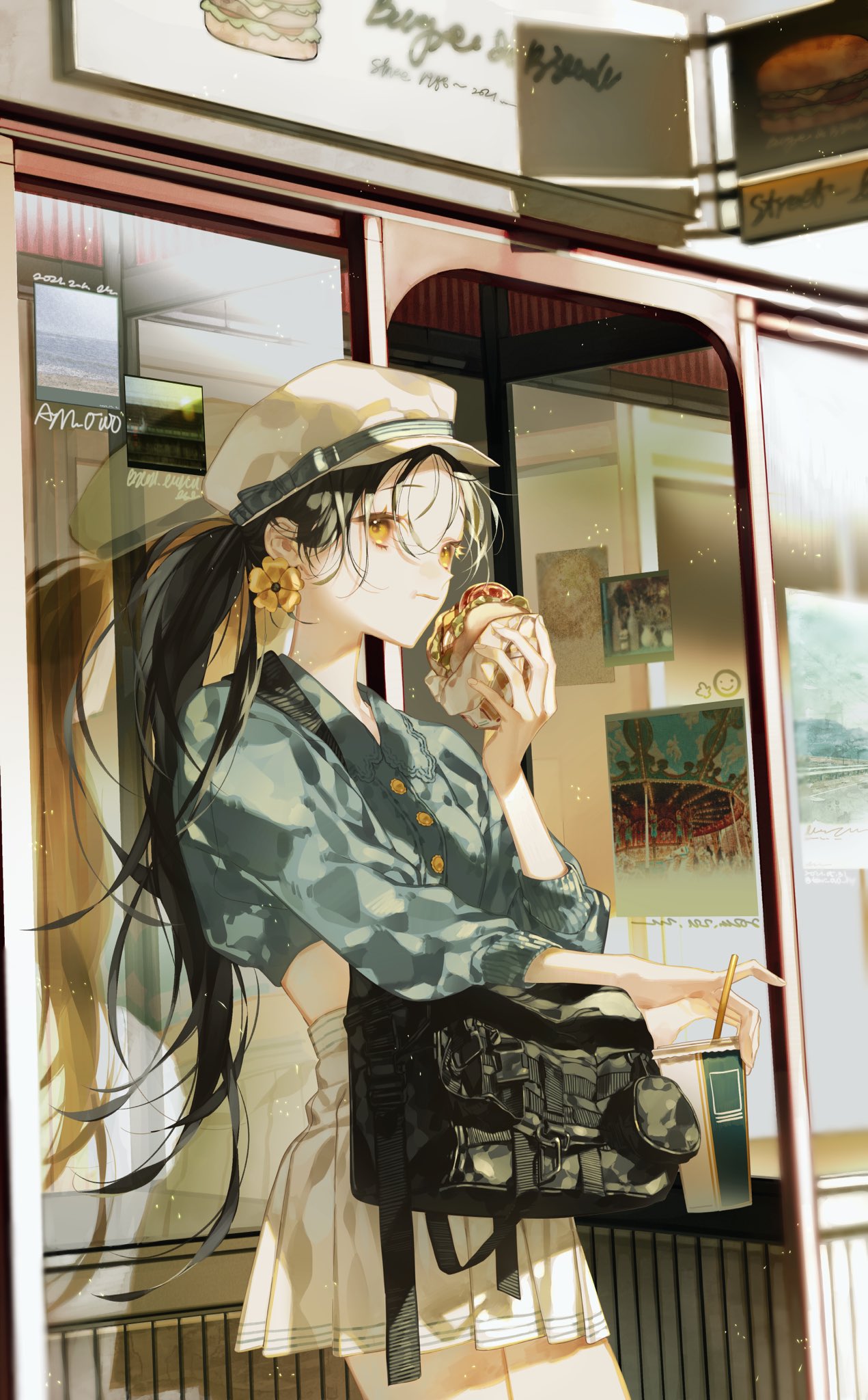 1girl bag black_hair blouse blue_blouse burger cowboy_shot crop_top cup disposable_cup earrings eating fast_food flower_earrings food hat highres holding holding_cup holding_food jewelry light_particles long_hair long_sleeves original outdoors pleated_skirt ponytail poster_(object) restaurant shoulder_bag skirt solo standing storefront tears_namida white_headwear white_skirt yellow_eyes