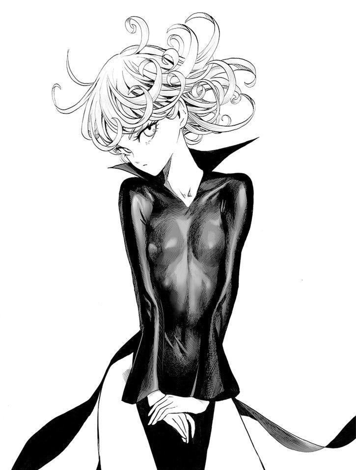 1girl bare_legs black_dress breasts closed_mouth covered_navel curly_hair dress eyelashes greyscale hands_together long_sleeves looking_at_viewer monochrome murata_yuusuke one-punch_man pelvic_curtain skin_tight small_breasts standing tatsumaki white_background