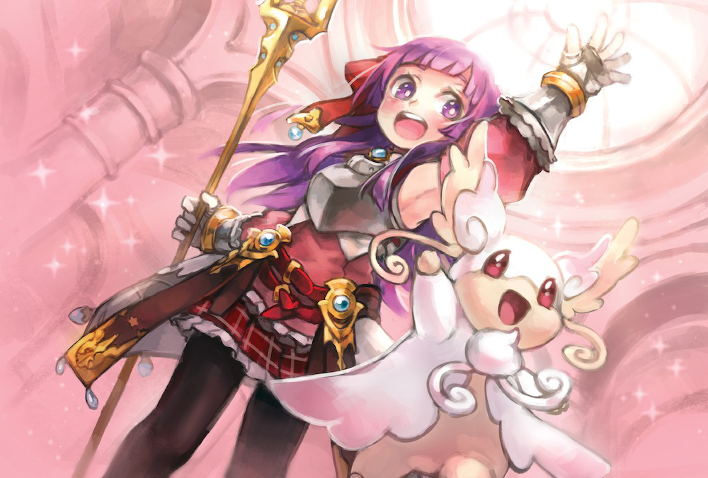 1girl :d arianna_caledonia arm_up armor armpits audino bangs belt black_legwear blunt_bangs breastplate bright_pupils ezroseven gauntlets gen_5_pokemon holding holding_staff mega_audino mega_pokemon multiple_belts open_mouth pantyhose pokemon pokemon_(creature) purple_hair red_belt sekaiju_no_meikyuu shin_sekaiju_no_meikyuu_2 skirt smile staff violet_eyes white_pupils