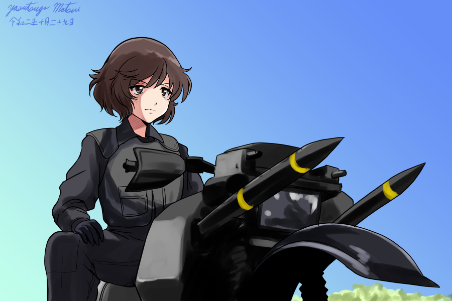 1girl akiyama_yukari artist_name bangs black_gloves black_jacket black_pants blue_sky brown_eyes brown_hair clear_sky closed_mouth commentary dated delta_force frown girls_und_panzer gloves ground_vehicle hands_on_thighs jacket looking_to_the_side matsui_yasutsugu messy_hair missile motor_vehicle motorcycle on_motorcycle pants parody short_hair signature sitting sky solo