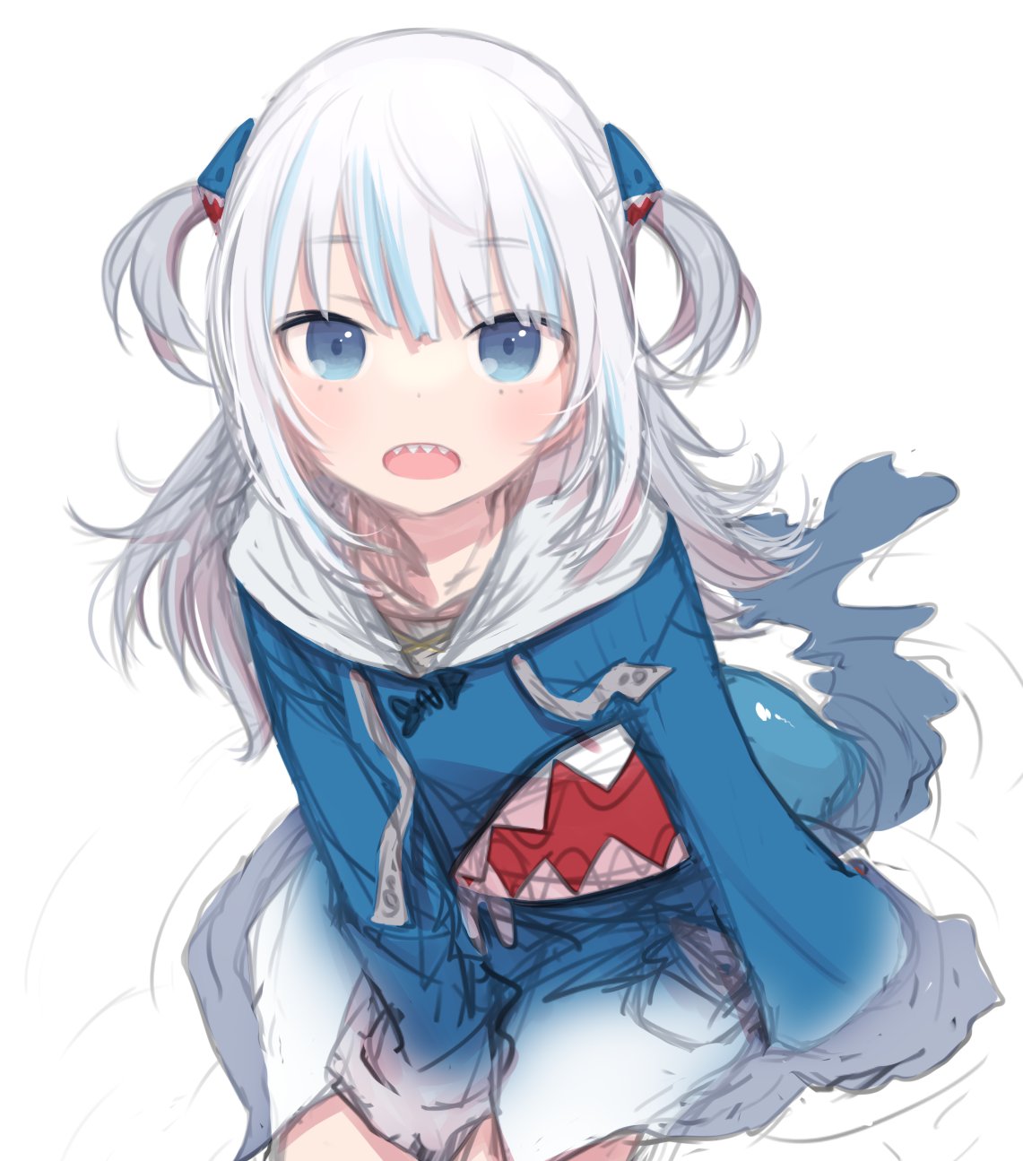 1girl :o animal_hood bangs blue_eyes blue_hair blue_hoodie eyebrows_visible_through_hair fish_tail gawr_gura hair_ornament highres hololive hololive_english hood hood_down hoodie long_hair looking_at_viewer multicolored_hair open_mouth shark_girl shark_hair_ornament shark_hood shark_tail sharp_teeth silver_hair simple_background sketch sleeves_past_fingers sleeves_past_wrists solo source_request streaked_hair tail teeth two_side_up virtual_youtuber