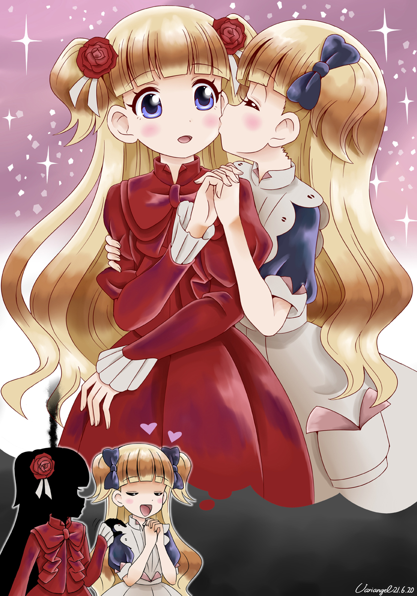 2girls apron artist_name blonde_hair blue_eyes blush_stickers bow closed_eyes commentary dated dress emilico_(shadows_house) flower hair_bow hair_flower hair_ornament heart highres holding_hands humanization imagining interlocked_fingers kate_(shadows_house) kiss kissing_cheek long_hair look-alike maid maid_apron multiple_girls open_mouth red_dress shadow_(shadows_house) shadows_house simple_background smile sparkle variangel yuri