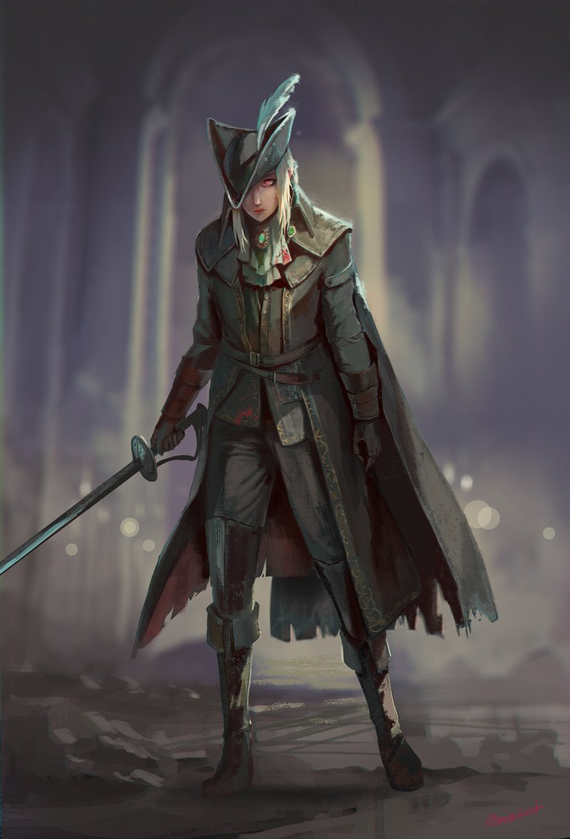 1girl black_cape black_coat black_footwear black_pants blonde_hair bloodborne boots brown_gloves cape closed_mouth coat gloves holding holding_sword holding_weapon lady_maria_of_the_astral_clocktower long_hair looking_at_viewer miso_katsu pants rapier red_eyes solo sword the_old_hunters twitter_username weapon