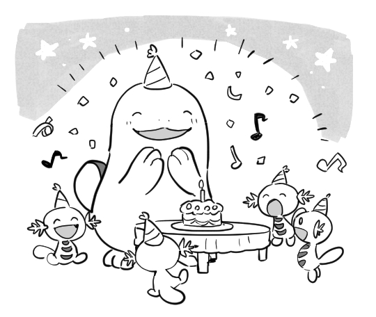 blush cake candle commentary_request fire flame food gen_2_pokemon greyscale hands_up happy hat hatted_pokemon korean_commentary monochrome musical_note no_humans open_mouth party_hat plate pokemon pokemon_(creature) quagsire rnehrdyd1212 smile standing table toes tongue wooper |d