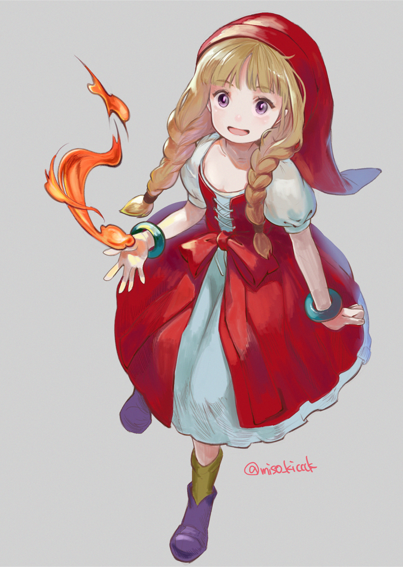 1girl :d blonde_hair bow braid corset dragon_quest dragon_quest_xi dress fire full_body grey_background hat looking_at_viewer magic miso_katsu open_mouth puffy_short_sleeves puffy_sleeves purple_footwear red_dress red_headwear shoes short_sleeves simple_background smile socks solo twin_braids twitter_username veronica_(dq11) violet_eyes white_dress yellow_legwear