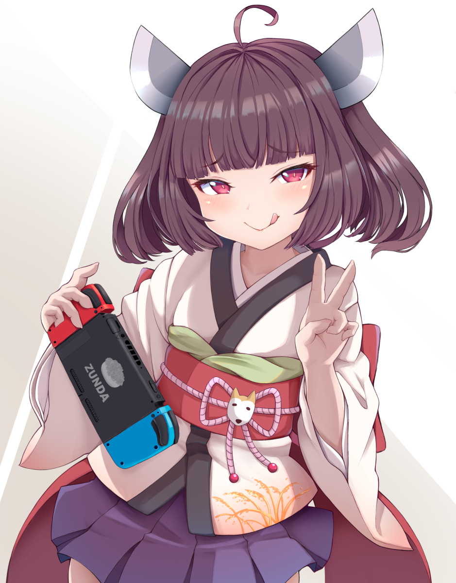 1girl :q ahoge brown_hair commentary_request eyebrows_visible_through_hair hair_ornament handheld_game_console highres holding holding_handheld_game_console japanese_clothes kimono looking_at_viewer medium_hair nintendo_switch obi purple_skirt red_eyes sash skirt solo tokiro_ed29689 tongue tongue_out touhoku_kiritan v voiceroid wide_sleeves