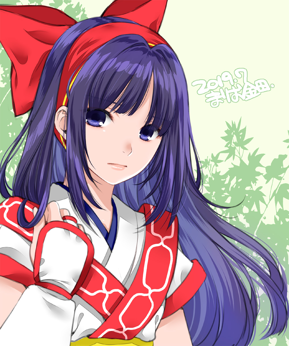 1girl ainu_clothes bangs blue_eyes blue_hair bow expressionless eyebrows_visible_through_hair fingerless_gloves gloves hair_bow hairband highres lips long_hair looking_at_viewer mario_kaneda nakoruru red_bow red_hairband samurai_spirits solo upper_body