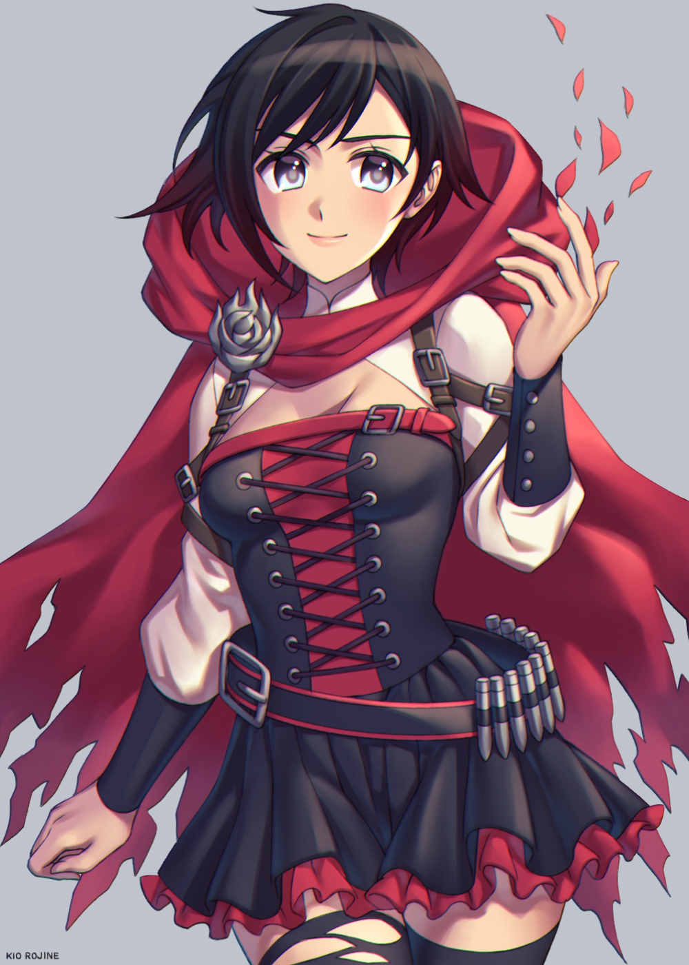 1girl ammunition_belt bangs belt black_hair black_legwear breasts cape cleavage closed_mouth colored_tips corset cowboy_shot frills grey_eyes highres hood kio_rojine lips petals pleated_skirt red_cape red_hood redhead ruby_rose rwby short_hair signature skirt small_breasts solo suspenders thigh-highs torn_cape torn_clothes torn_legwear wrist_cuffs zettai_ryouiki