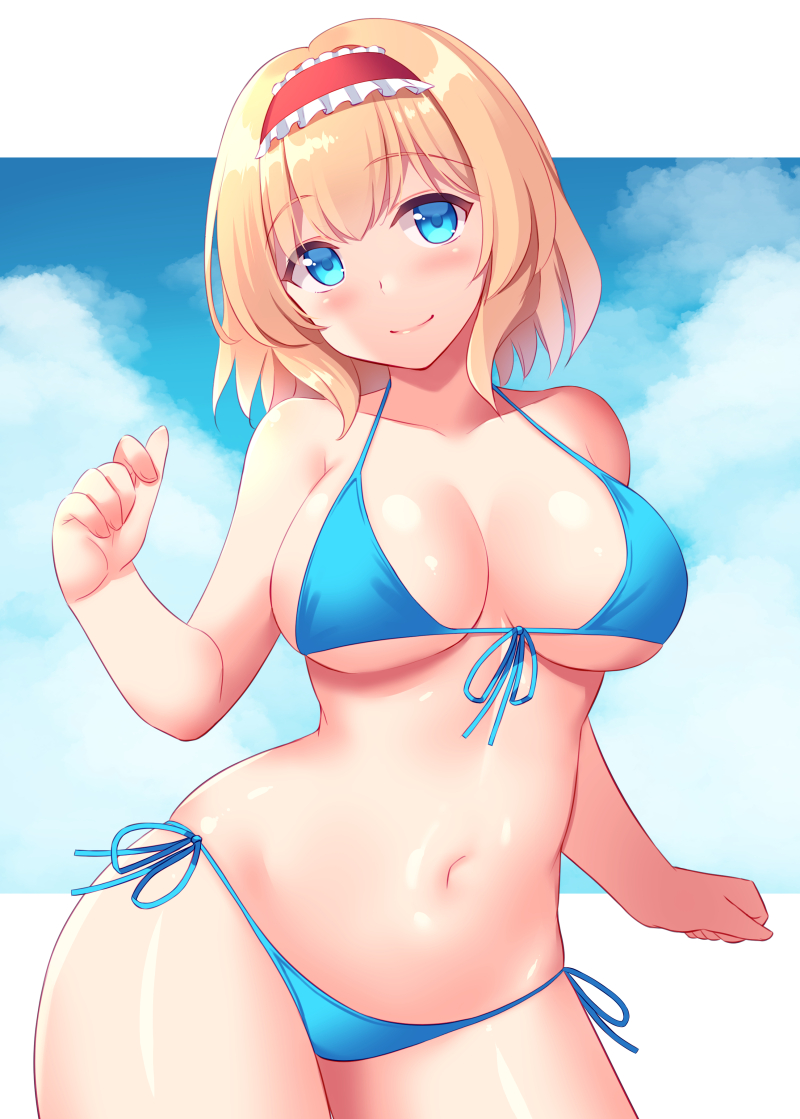 1girl alice_margatroid bangs bikini blonde_hair blue_bikini blue_eyes blue_sky breasts closed_mouth clouds commentary_request day eyebrows_visible_through_hair hairband large_breasts looking_at_viewer navel red_hairband short_hair side-tie_bikini simple_background sky smile solo swimsuit tokyo_yamane touhou white_background wide_hips