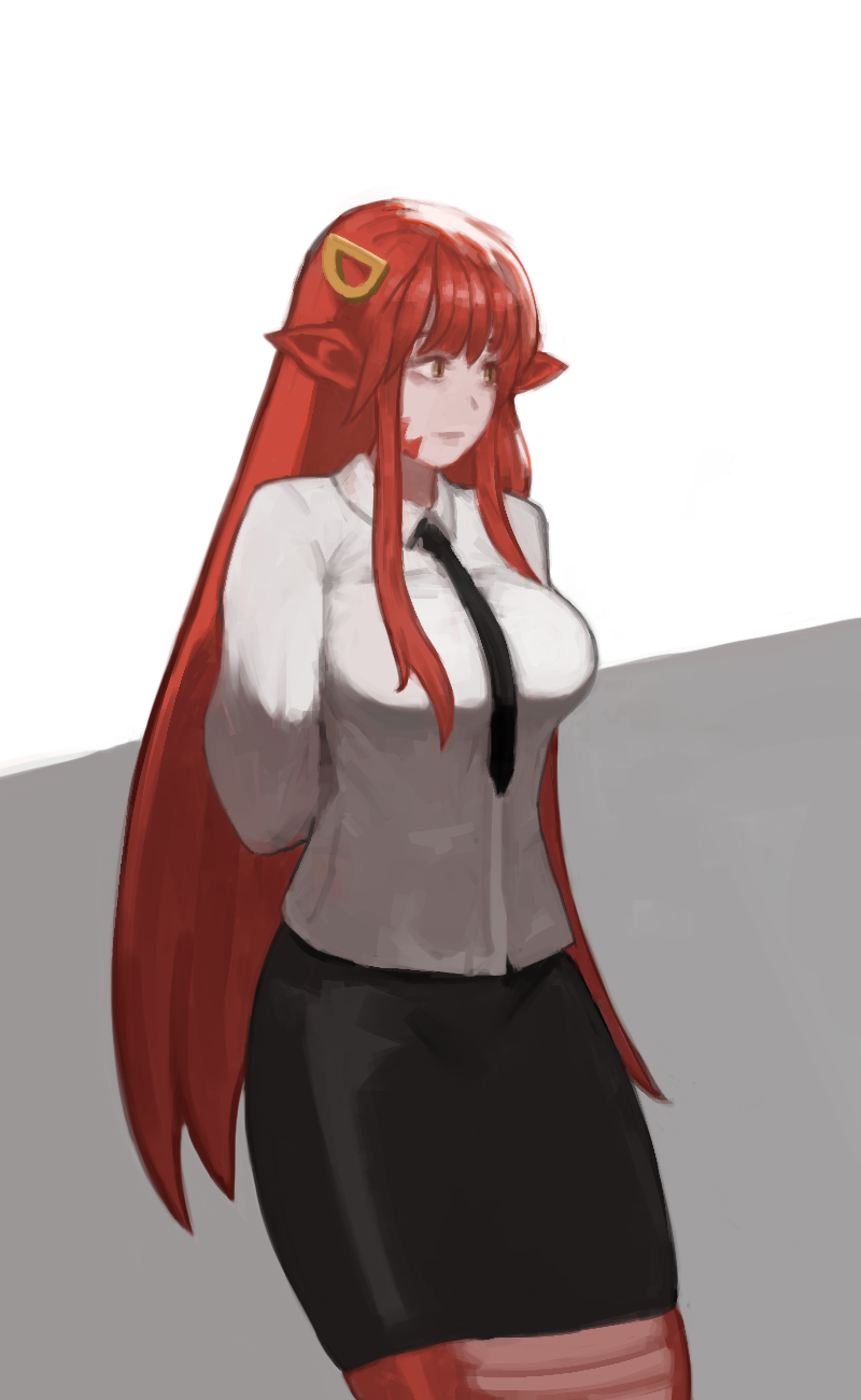 1girl against_wall arms_behind_back breasts commentary commission commissioner_upload dress_shirt gutterboyyy hair_ornament highres lamia long_hair medium_breasts miia_(monster_musume) monster_girl monster_musume_no_iru_nichijou necktie pointy_ears redhead scales shirt simple_background skirt slit_pupils solo yellow_eyes