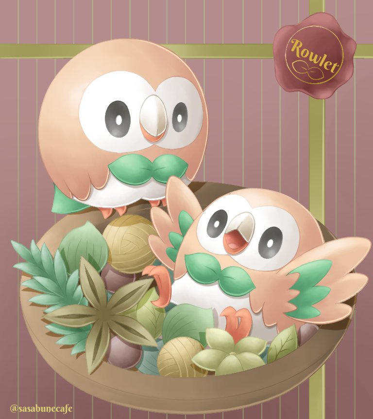 ball bird black_eyes bowl bright_pupils character_name closed_mouth commentary_request gen_7_pokemon leaf looking_at_another no_humans open_mouth owl pokemon pokemon_(creature) rowlet sasabunecafe standing tongue twitter_username white_pupils