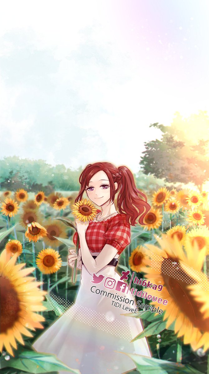 1girl artist_name breasts commission deviantart_logo english_commentary facebook_logo flower highres holding holding_flower indie_virtual_youtuber instagram_logo izy_cuisine medium_breasts ponytail red_shirt second-party_source shirt skirt sky smile solo sunflower tidi_levee tree twitter_logo twitter_username virtual_youtuber watermark white_skirt