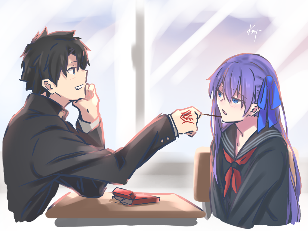 1boy 1girl ascot blue_eyes blush command_spell desk fate/grand_order fate_(series) feeding food fujimaru_ritsuka_(male) grin hair_ribbon hand_on_own_chin knt02142769 long_hair meltryllis_(fate) pocky purple_hair ribbon school school_uniform smile