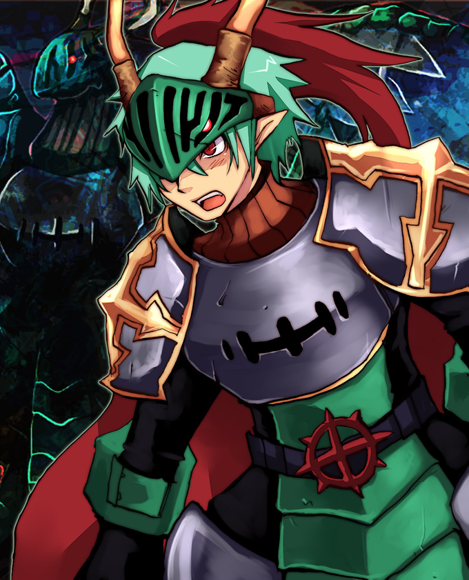 1boy alternate_color armor bangs breastplate cape commentary_request cowboy_shot cross emon-yu green_armor green_hair horns leg_armor looking_to_the_side lord_knight_(ragnarok_online) open_mouth pauldrons plume pointy_ears ragnarok_online red_cape red_eyes short_hair shoulder_armor solo upper_teeth visor_(armor)