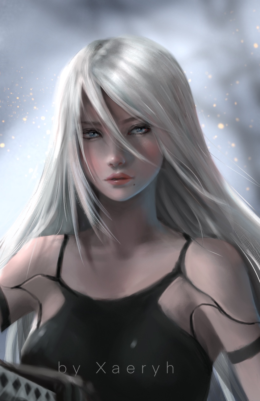 1girl android artist_name blue_eyes highres joints lips long_hair looking_at_viewer makeup mole mole_under_mouth nier nier_(series) nier_automata portrait robot_joints silver_hair solo xaeryh yorha_type_a_no._2