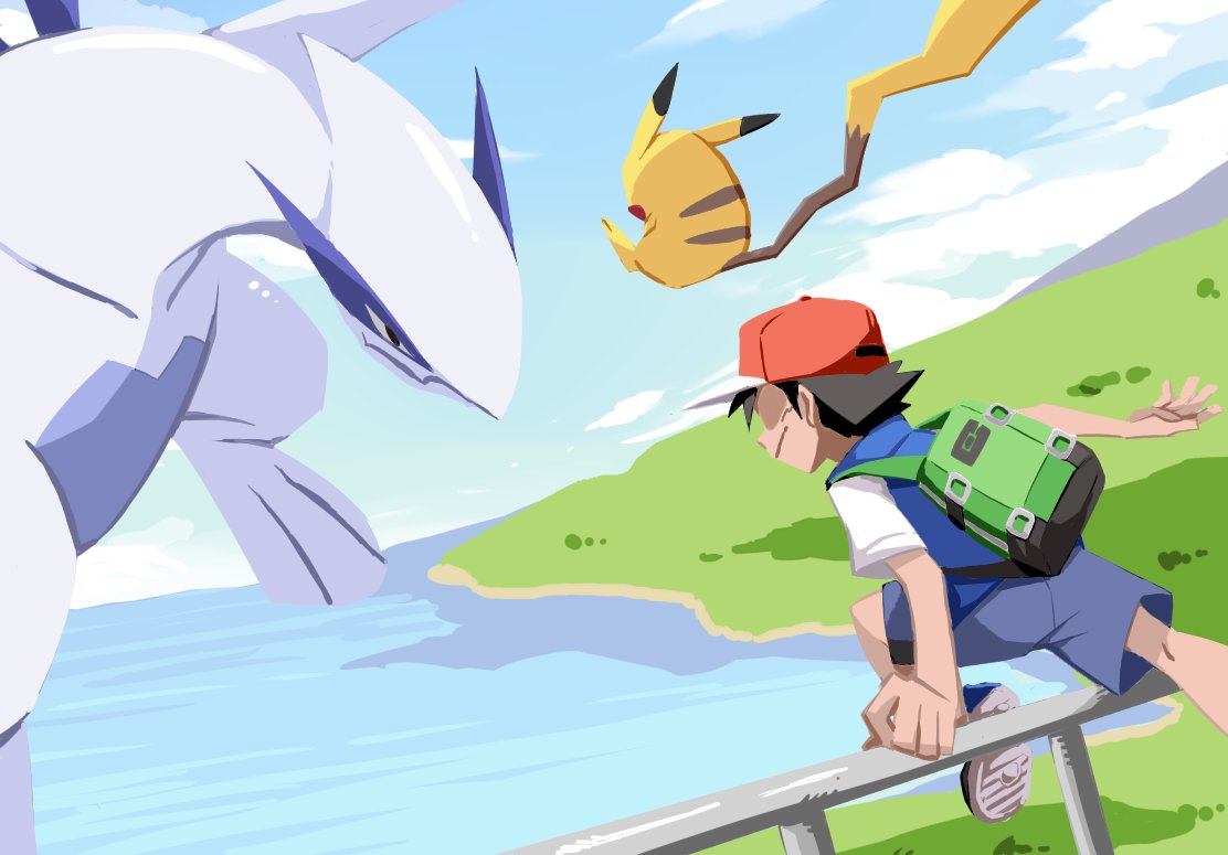 1boy ash_ketchum ayo_(ayosanri009) backpack bag baseball_cap blue_jacket brown_hair closed_mouth clouds commentary_request day fence gen_1_pokemon gen_2_pokemon grass green_bag hat jacket legendary_pokemon lugia male_focus no_eyes outdoors pikachu pokemon pokemon_(anime) pokemon_(creature) pokemon_swsh_(anime) red_headwear shirt shoes short_hair short_sleeves shorts sky sleeveless sleeveless_jacket water white_shirt