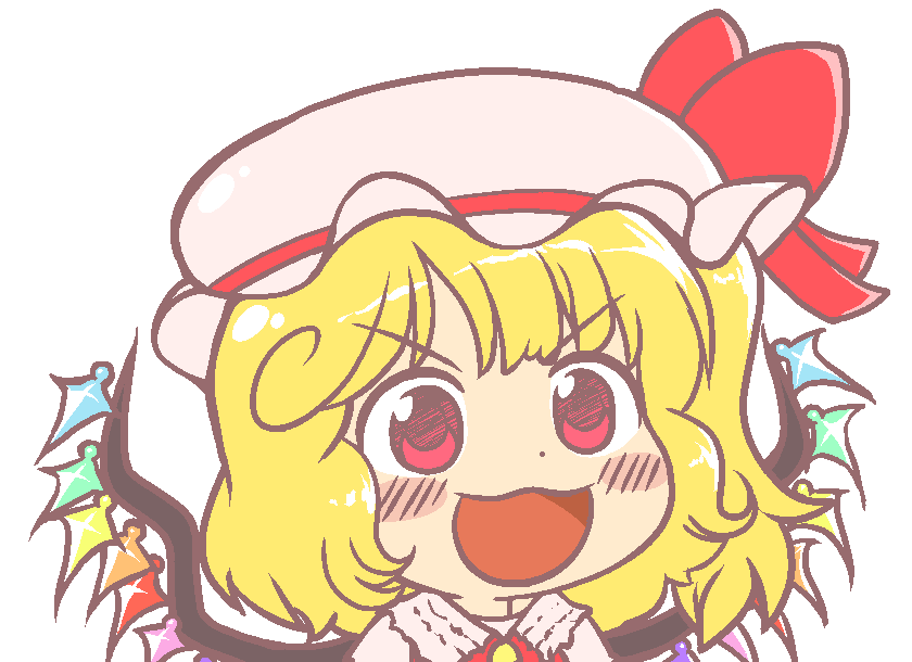 1girl bangs blonde_hair blush chibi collar crystal dress eyebrows_visible_through_hair flandre_scarlet gyate_gyate hat hat_ribbon ikiyouz looking_away multicolored multicolored_wings open_mouth ponytail puffy_short_sleeves puffy_sleeves red_dress red_eyes red_ribbon ribbon short_hair short_sleeves simple_background smile solo touhou white_background white_collar white_headwear white_sleeves wings yellow_neckwear